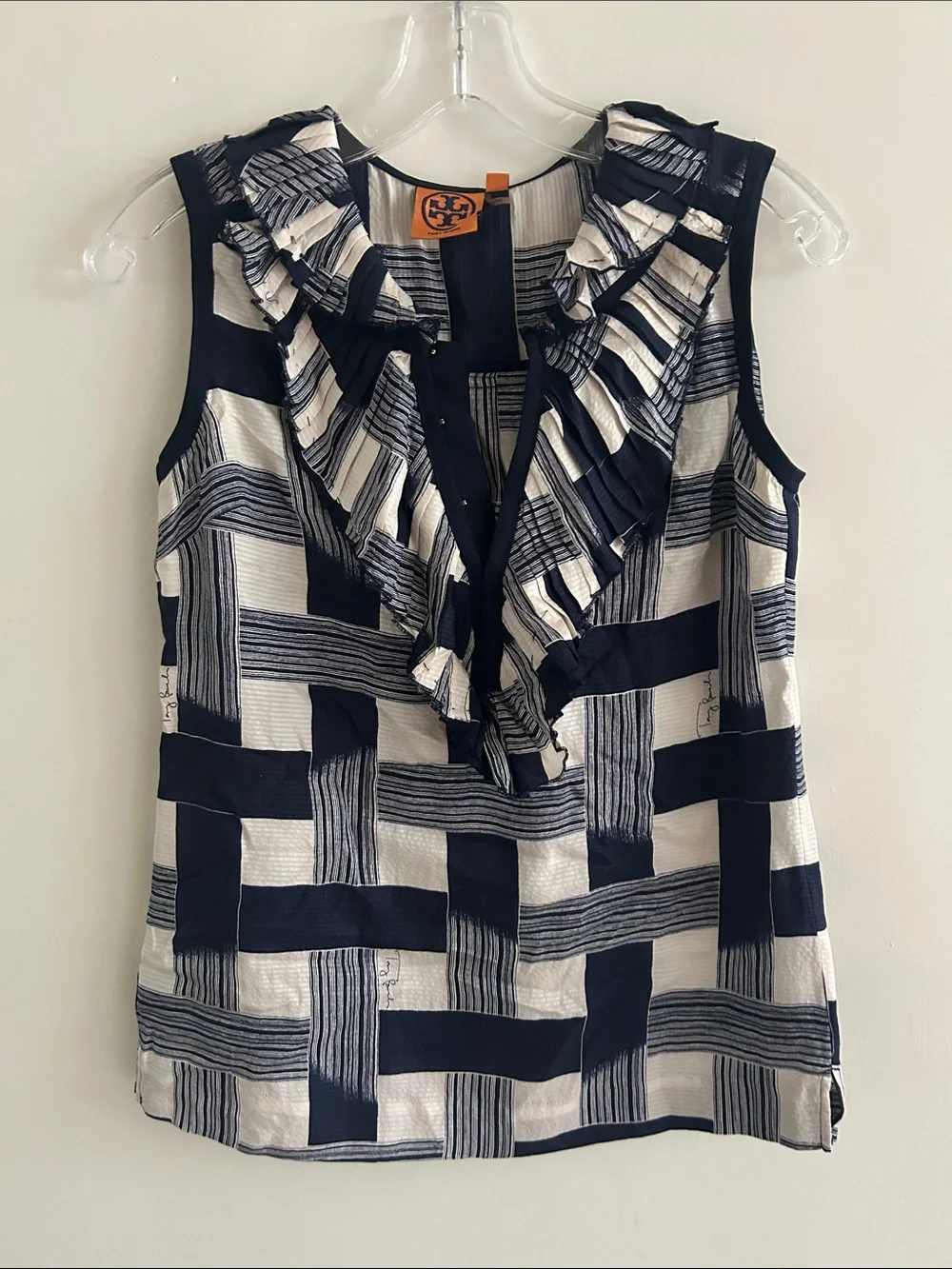 Tory Burch Navy and White Ruffle V-Neck Sleeveless‎ Camisole